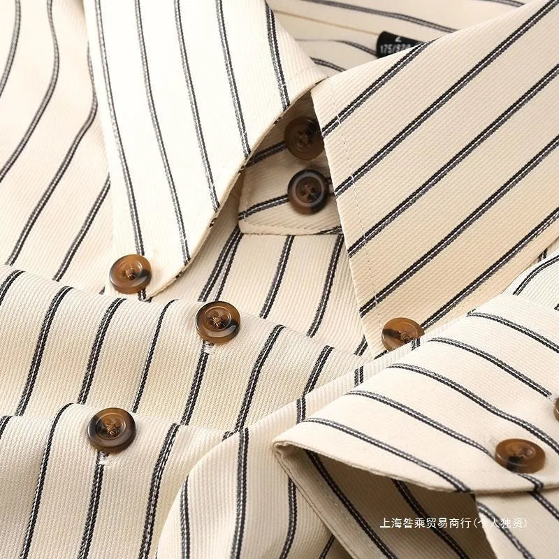 Coffee coloured striped men's long-sleeved shirt with a slim fit on a hanger.