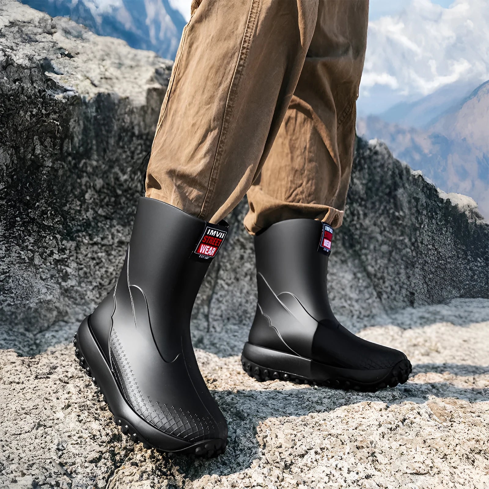 Men's mid-cut waterproof rain boots in four colours with non-slip plastic soles