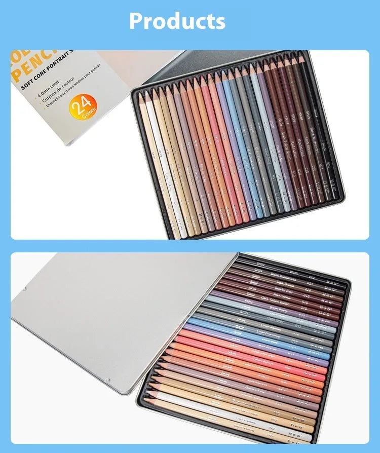 24 skin tone drawing pencils in a metal tin art case for portrait artwork