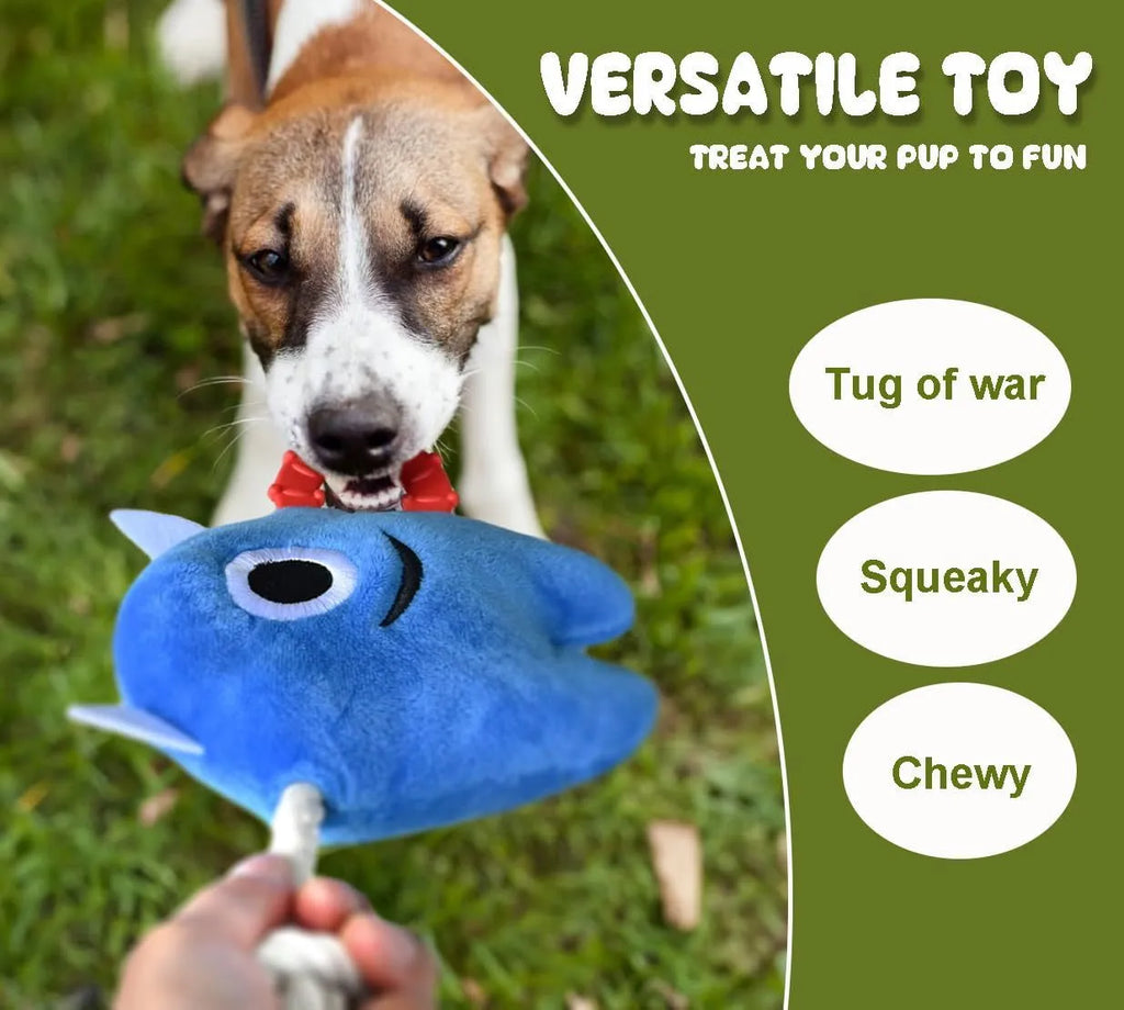 Blue and green monster plush dog toy with integrated cotton rope and squeaker.