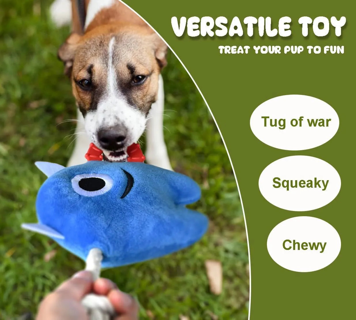 Blue and green monster plush dog toy with integrated cotton rope and squeaker.