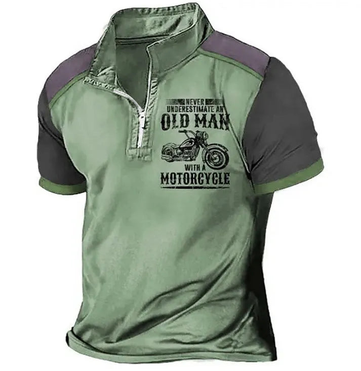 Men's casual short sleeve polo shirt with a digitally printed lapel and zipper details.