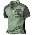 Men's casual short sleeve polo shirt with a digitally printed lapel and zipper details.