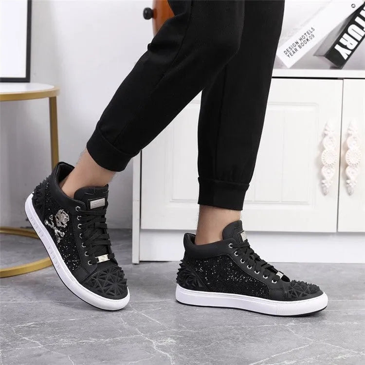 Men's black genuine leather high top skeleton shoes with a lace-up front and rubber sole.