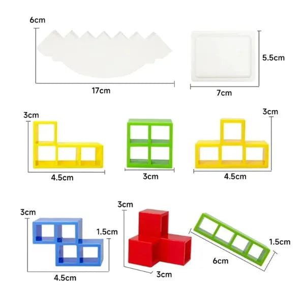 Plastic balance stacking game with colourful blocks, chassis, and base in packaging.