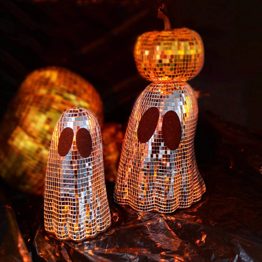 Silver Halloween ghost decoration with mosaic mirror patches for desktop display