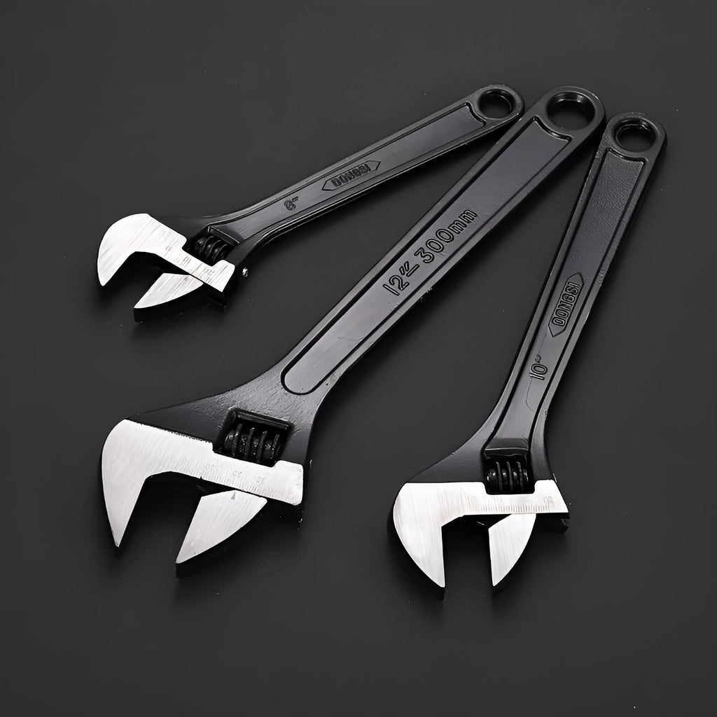 A black high carbon steel adjustable wrench on a white background, showing its open jaws and knurled adjustment screw.