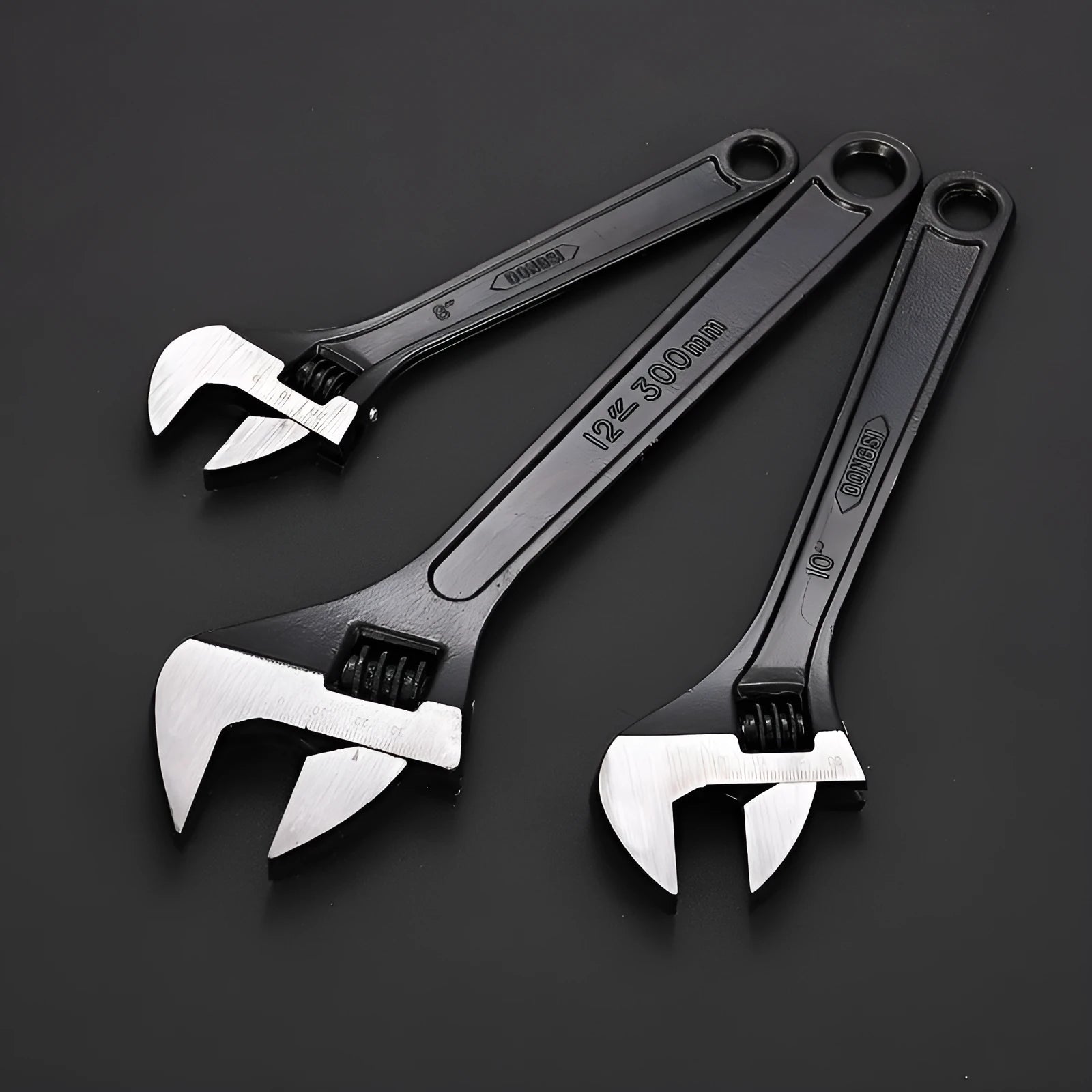 A black high carbon steel adjustable wrench on a white background, showing its open jaws and knurled adjustment screw.