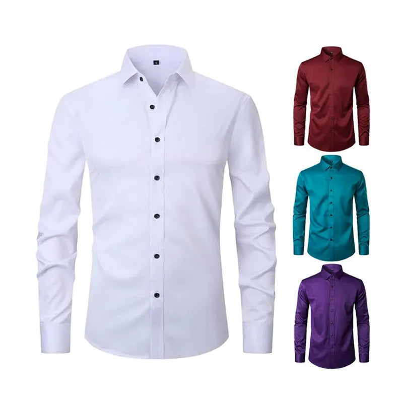 Men's stretch long sleeve work shirt in polyester fabric shown in available colours with size guidance