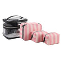 Pink and white striped floral print synthetic leather folding makeup bag.