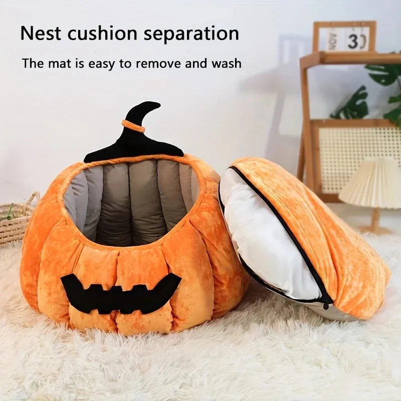 Orange plush Halloween pumpkin cat bed with cartoon devil face for small dogs
