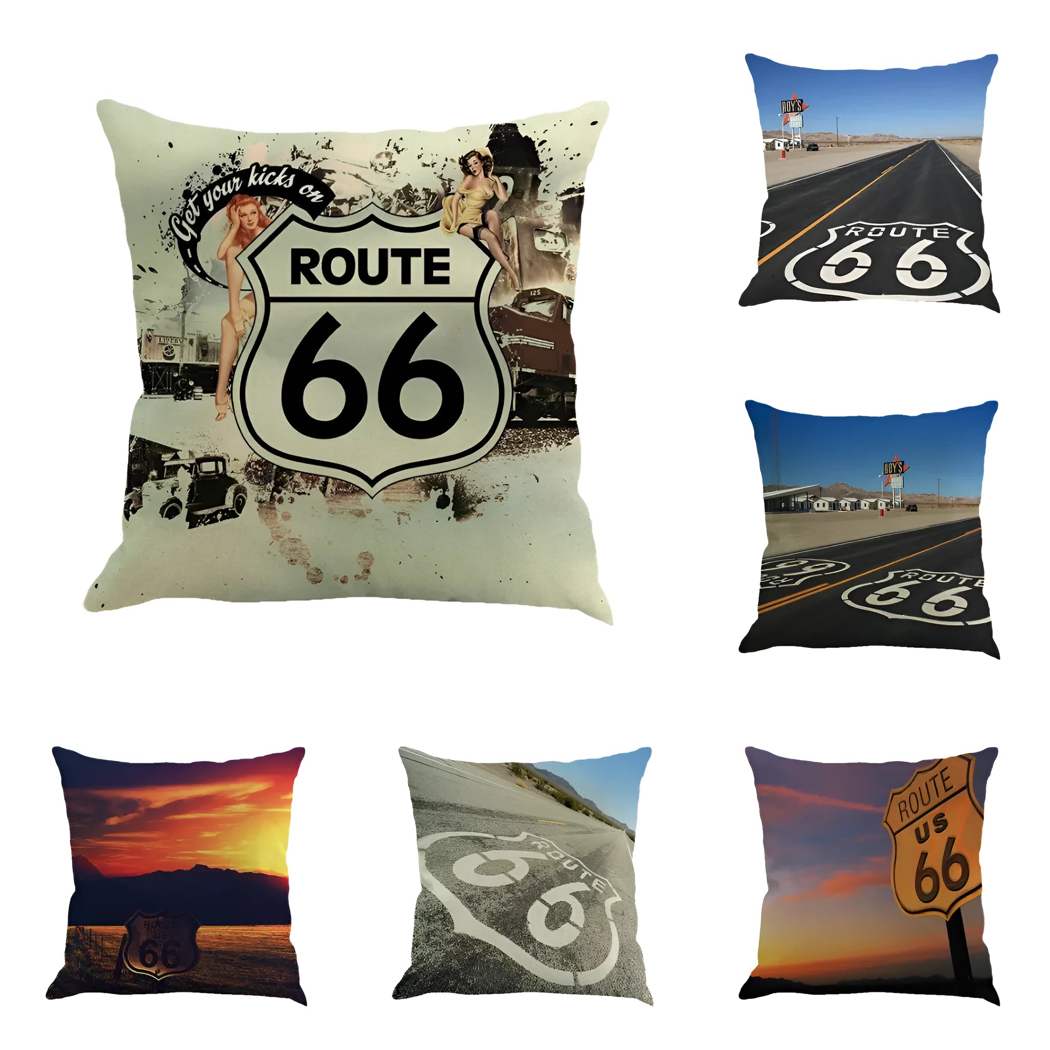 Square linen cushion cover with a printed Route 66 landscape design, shown in one of six colour options.