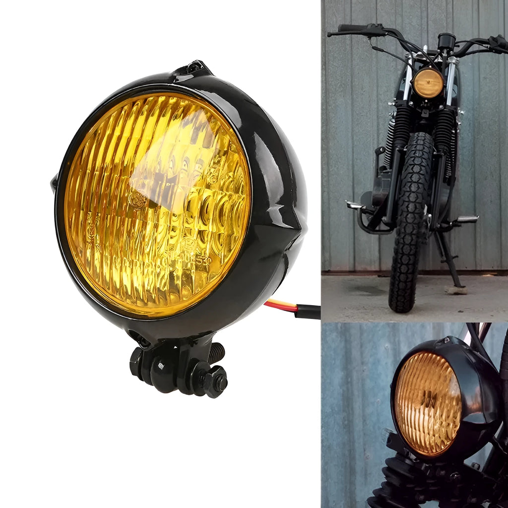 Black retro halogen headlight with 8cm diameter aluminium housing for motorcycle or car.