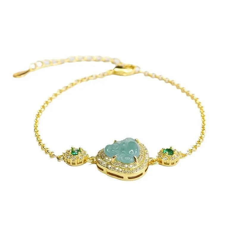 Emerald blue water Maitreya Buddha jade bracelet for women, showing inlaid pendant detail.