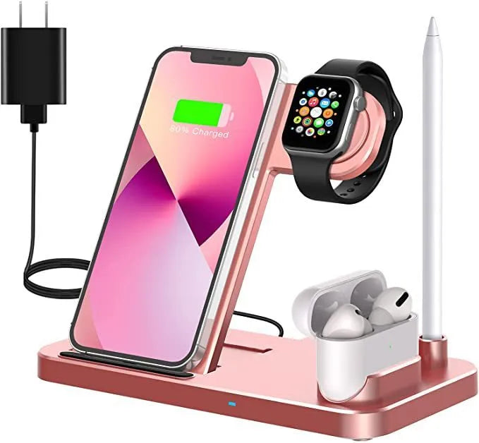 Folding 4-in-1 wireless charger in stand mode charging an iPhone and Apple Pencil.
