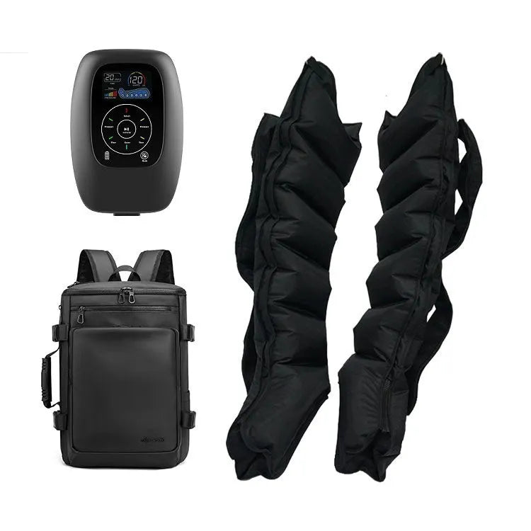 Air compression leg, arm, and waist massager unit with separate handheld remote control.