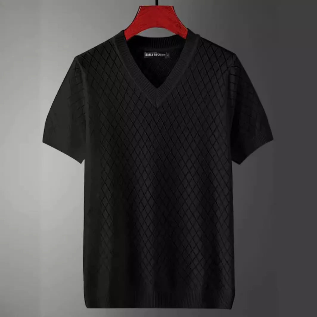 Men's ice silk t-shirt with cut-out detail in black and white colour options showing V-neck and round neck styles