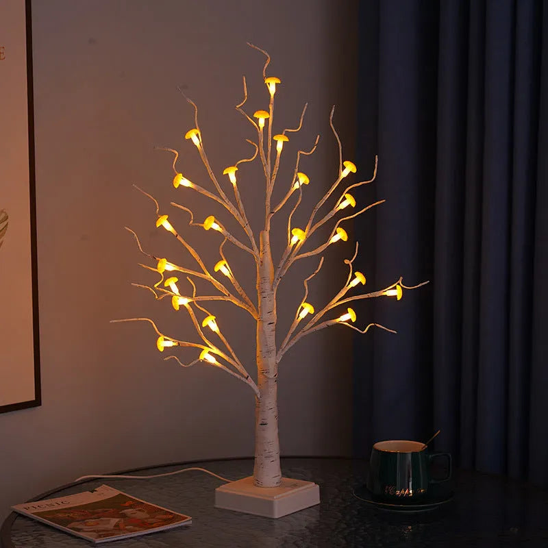 60cm tall white birch LED tree lamp with small mushroom-shaped lights on branches.