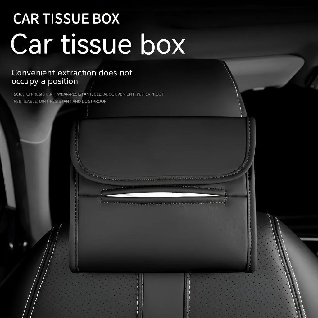 Leather car tissue box organiser with elastic band mount for sun visor or armrest.