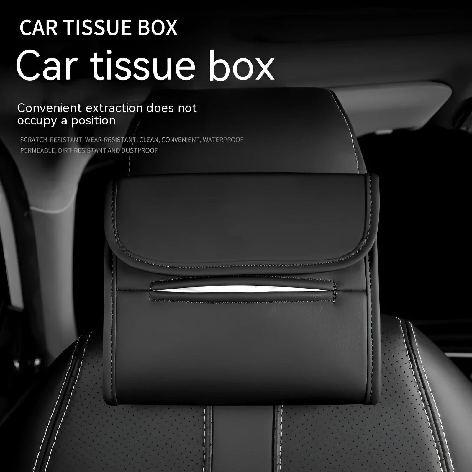 Leather car tissue box organiser with elastic band mount for sun visor or armrest.