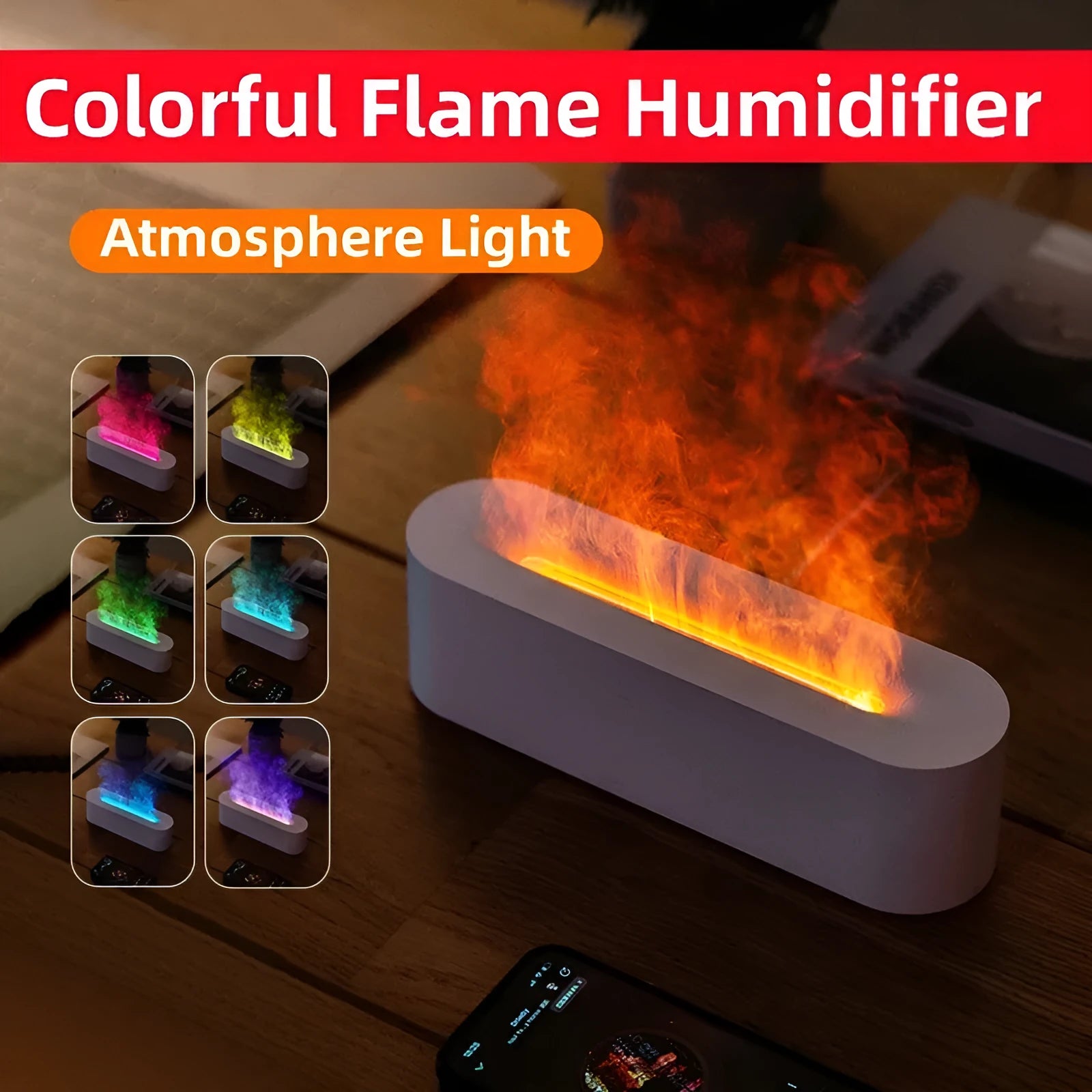 White square flame aroma diffuser with LED lights emitting cool mist humidification