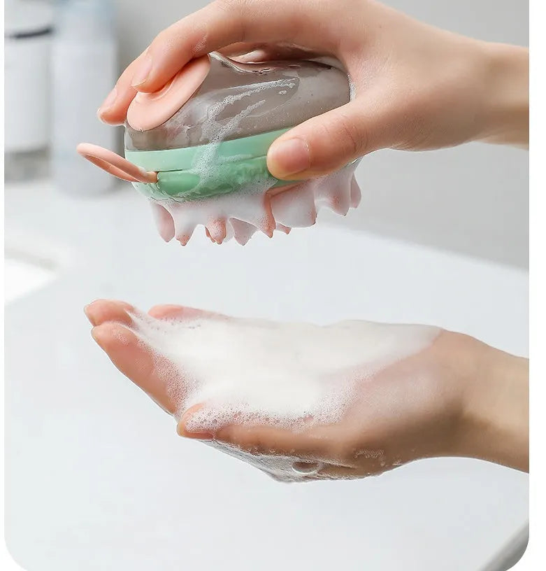 Blue and green pet grooming brush with shampoo dispenser and silicone massage bristles for dogs and cats