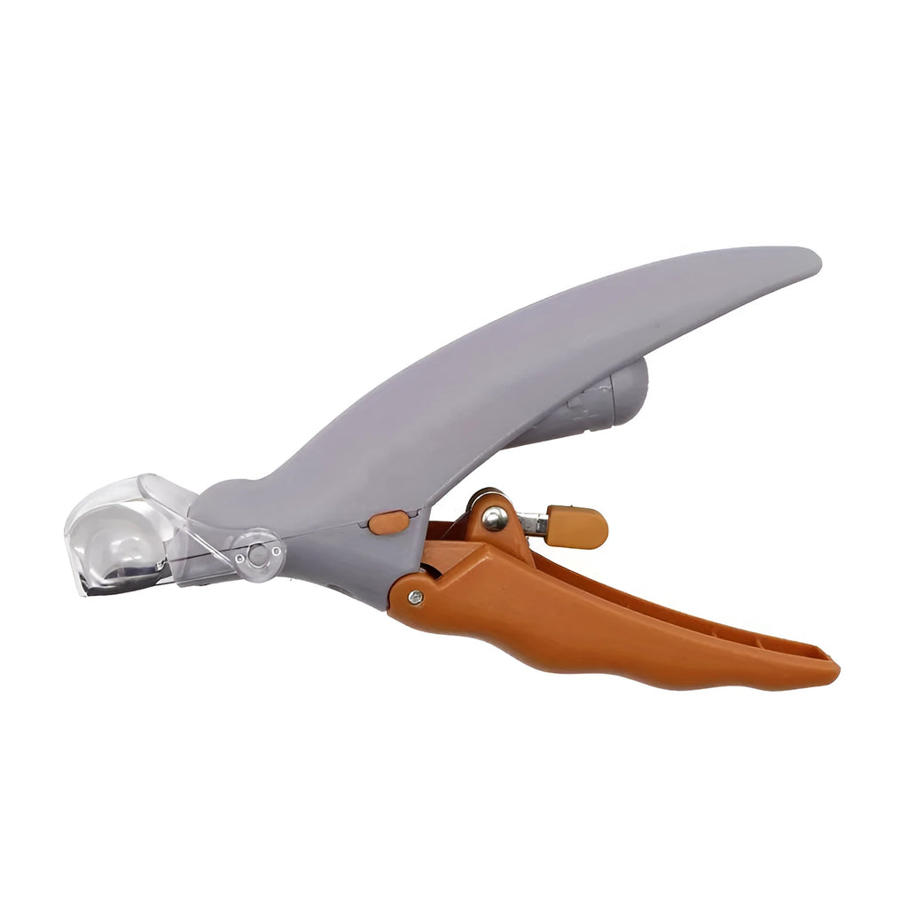 Yellow LED pet nail trimmer with magnifying glass, shown with four lights on and nail catcher.