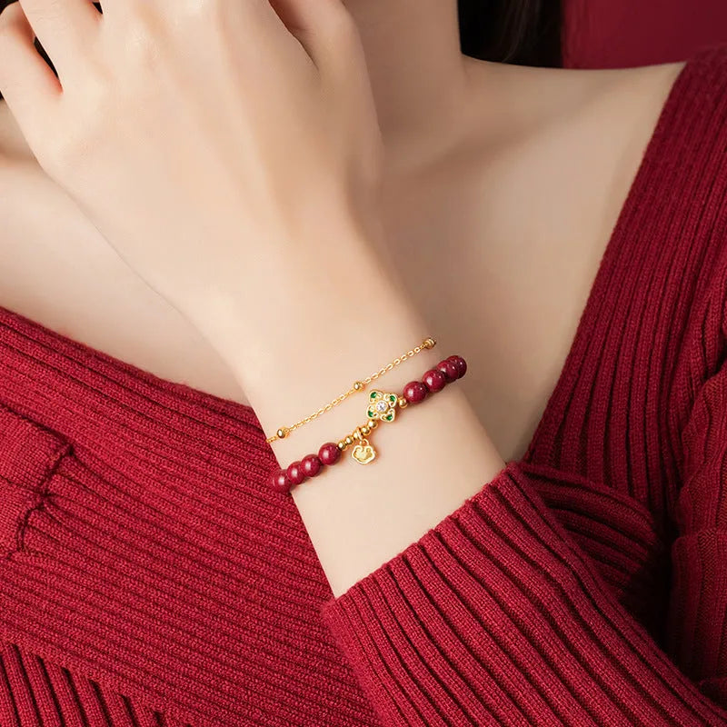 Women's sterling silver bracelet with Ruyi, Xiangyun and cinnabar flower traditional motifs