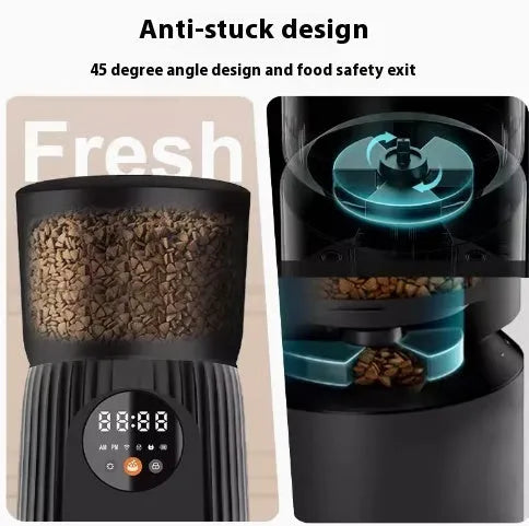 Black and white intelligent pet feeder with automatic timing and portion control for dry food