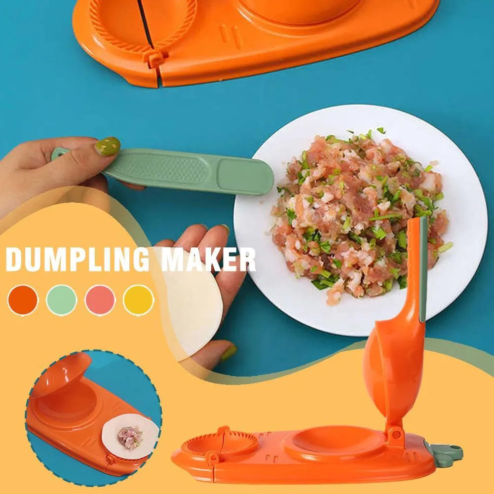 Manual plastic dumpling press tool with ergonomic handle and hanging hole for storage.