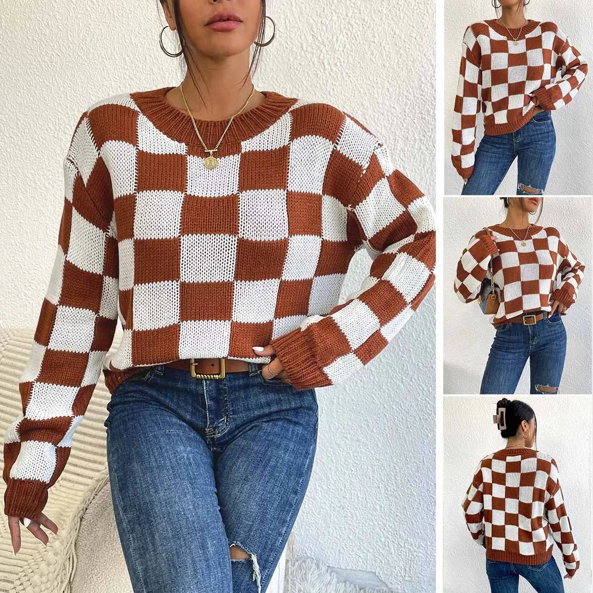 Dark brown acrylic pullover sweater with chessboard plaid pattern and loose fit