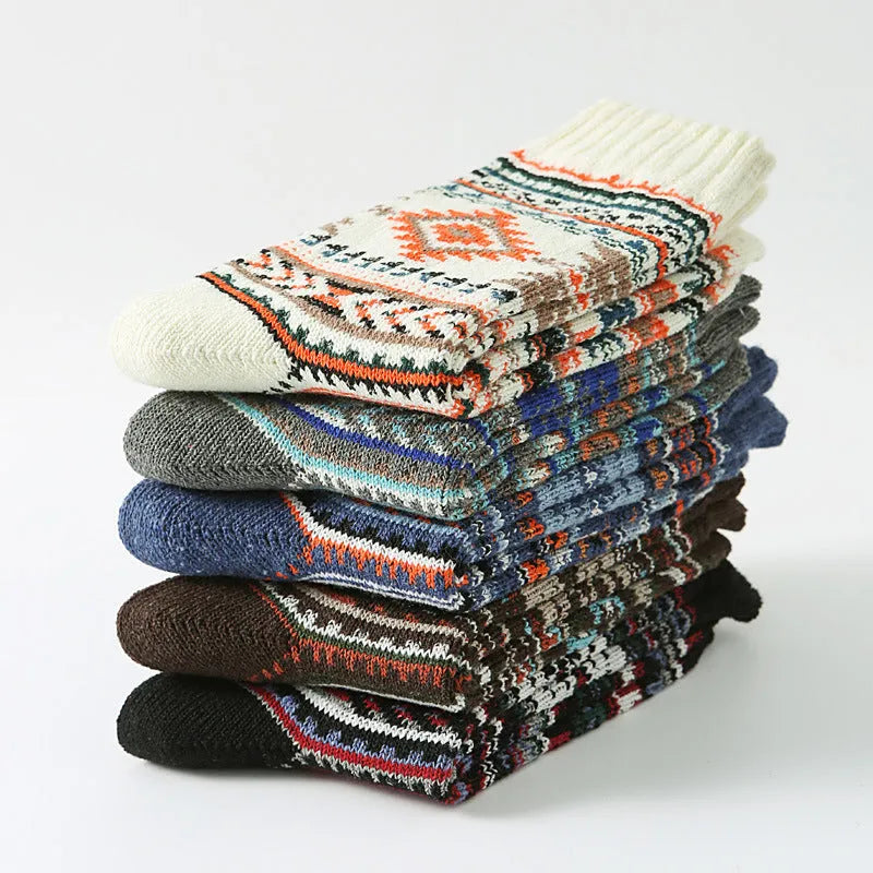 Retro cotton mid-calf socks for men 5 pack with anti-friction knit patterns in large square design