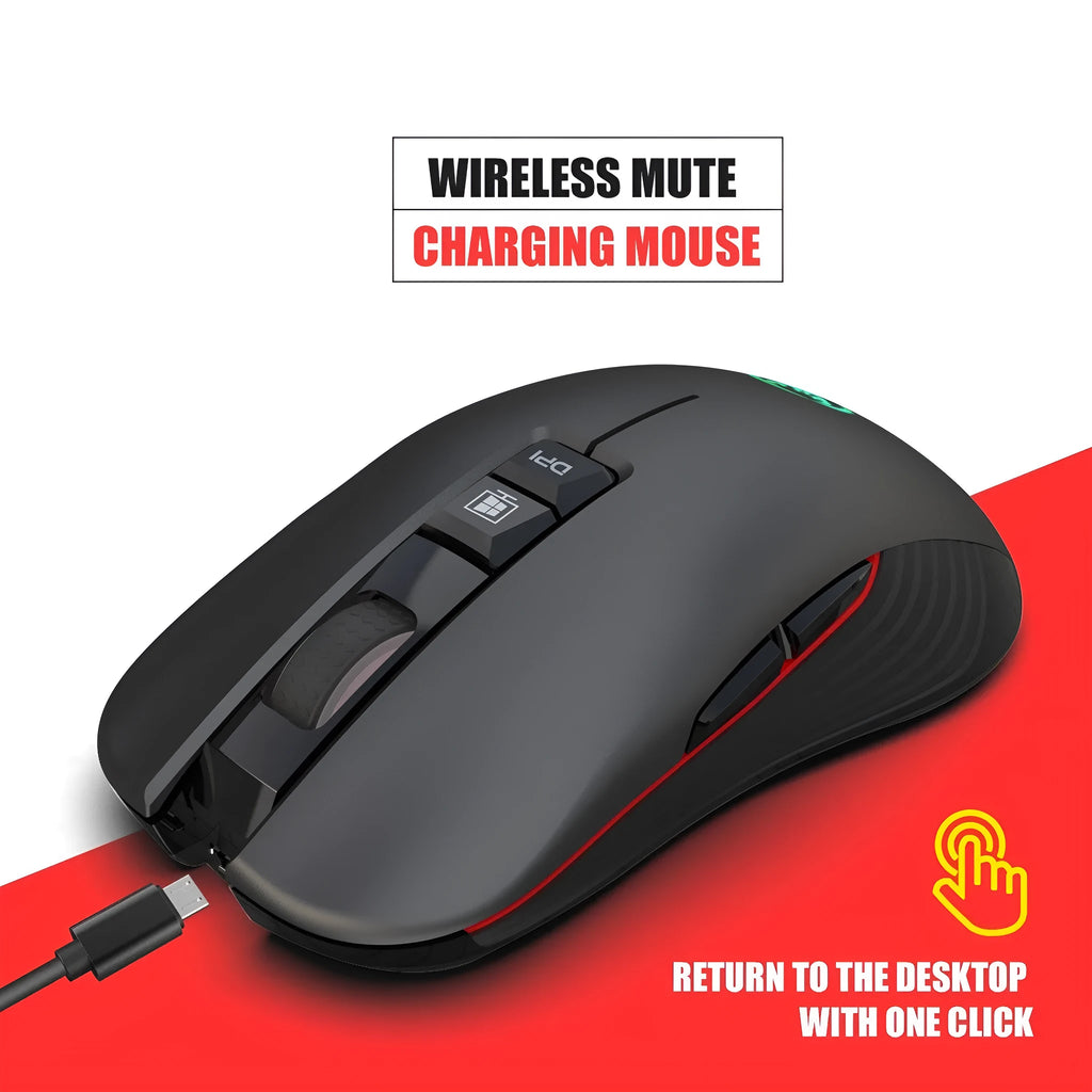 Black wireless gaming mouse with RGB lighting and ergonomic shape on desktop
