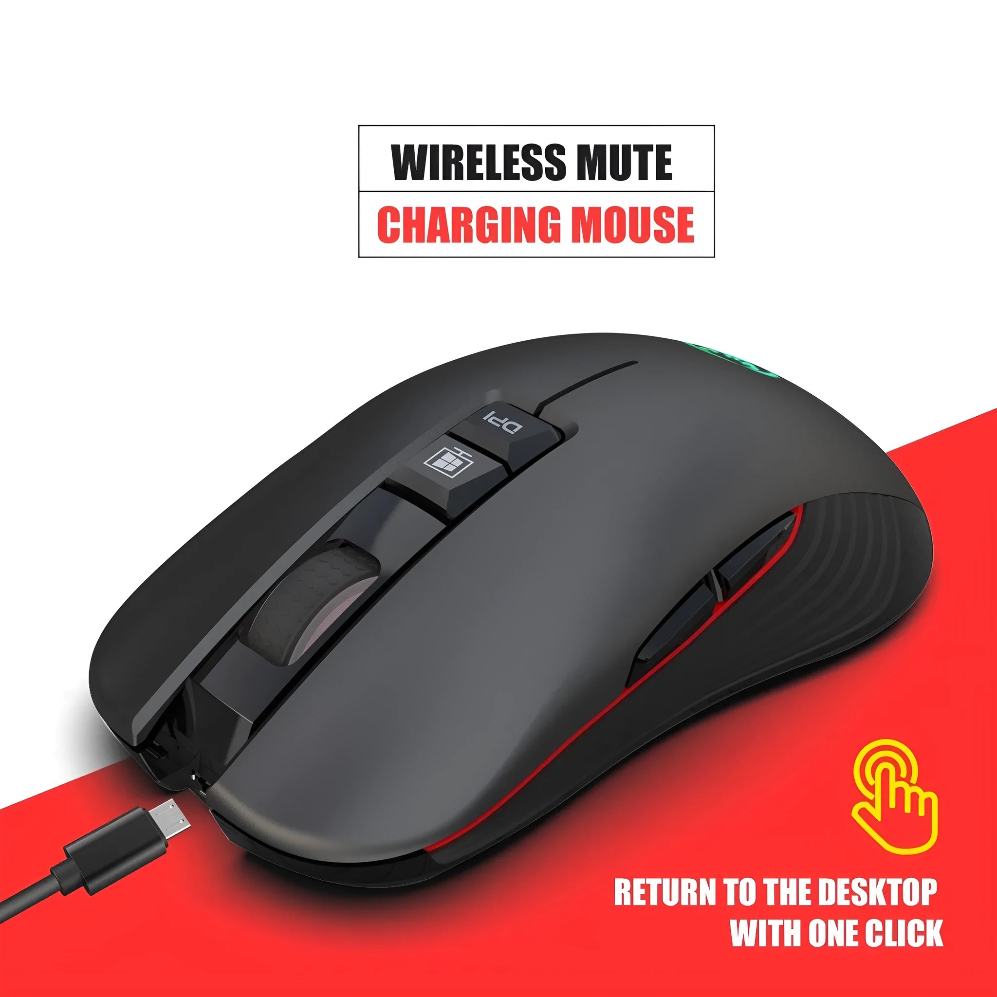 Black wireless gaming mouse with RGB lighting and ergonomic shape on desktop
