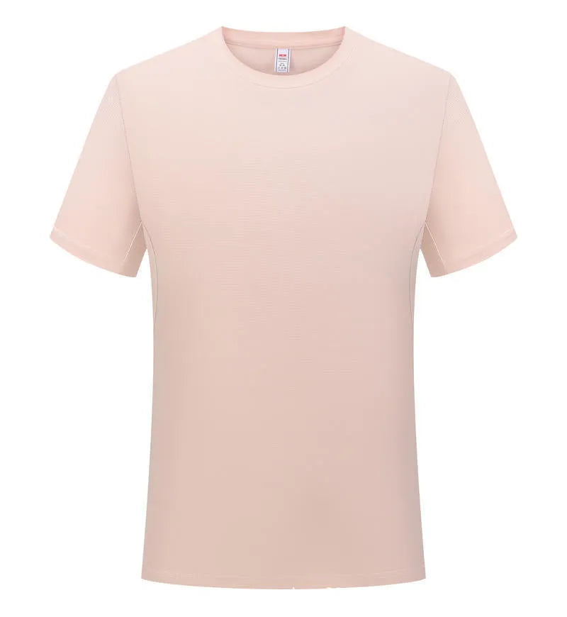 Men's solid colour loose fit short sleeve polyester t-shirt on a hanger.