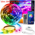 5050 RGB LED light strip with Bluetooth remote and smartphone app control on a white background.