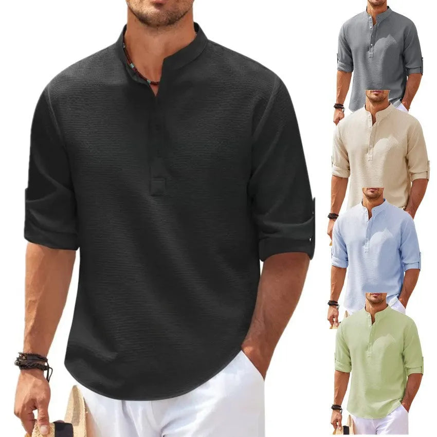 Men's casual stand collar pullover shirt with pineapple texture in polyester, eight colour options, loose fit