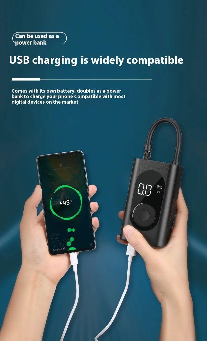 Portable wireless tyre pump with power bank and flashlight functions for multiple vehicle types