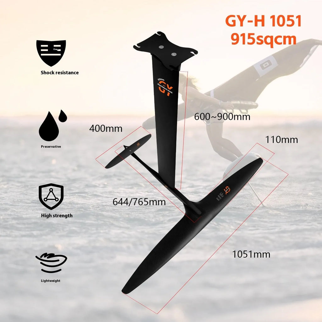 Black carbon fibre hydrofoil surfboard with large front wing for racing applications