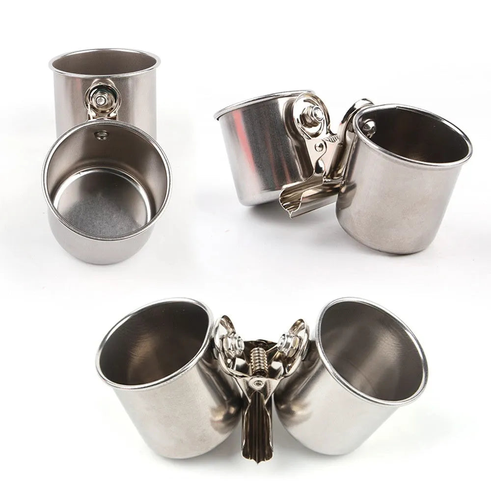 Stainless steel outdoor bird feeder for cages, shown in natural metallic finish.