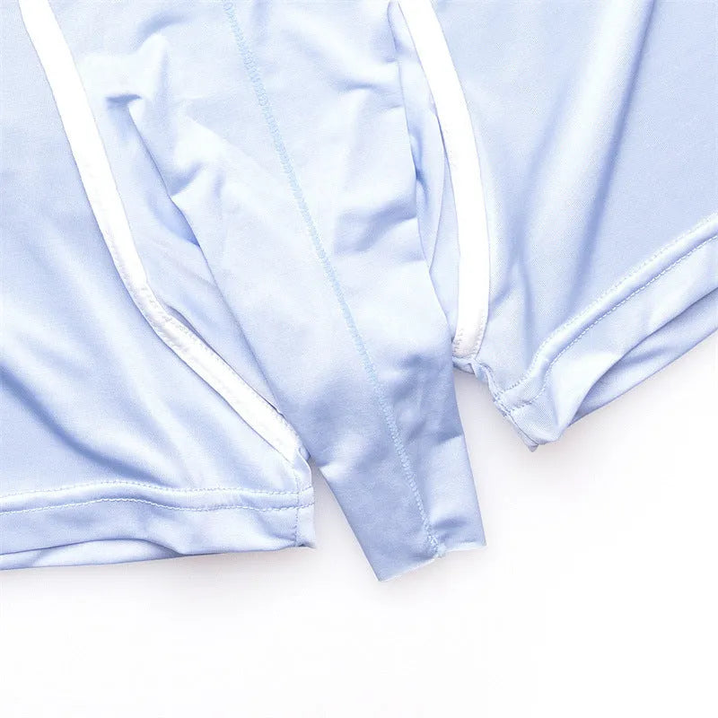 Men's solid colour ice silk boxer shorts on a mid-waist mannequin, showing grey, black, and blue colour options.