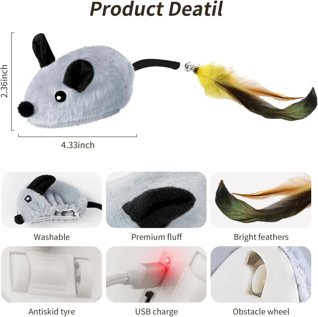 Grey and yellow automatic cat mouse toy with feather tail and LED lights