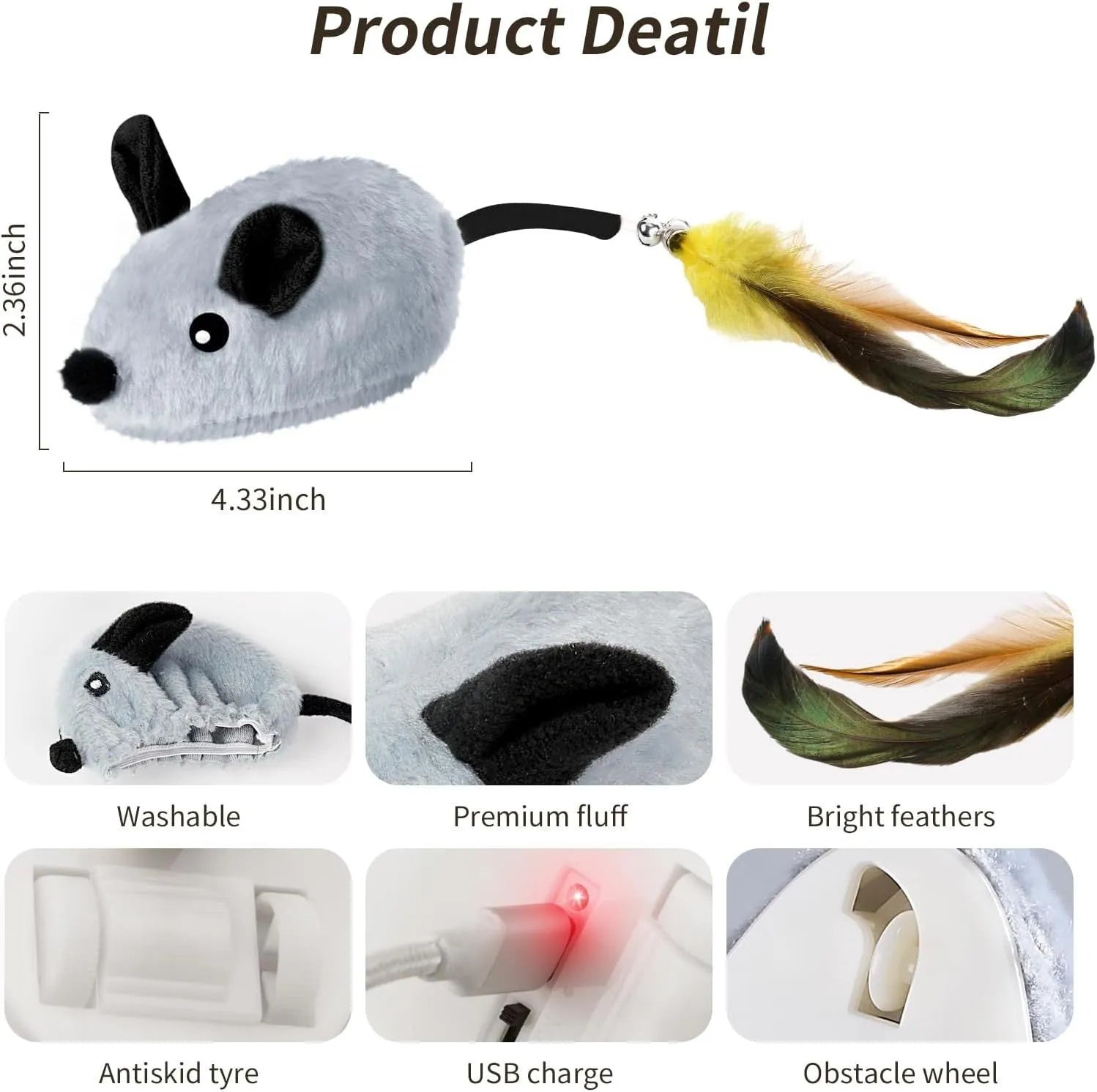 Grey and yellow automatic cat mouse toy with feather tail and LED lights