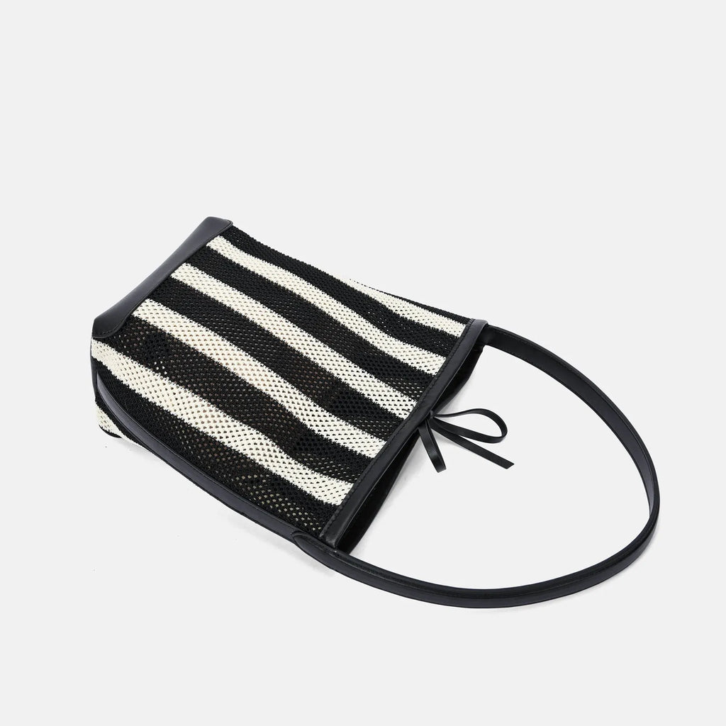 Black and white stripes woven fabric women's shoulder bag with bucket shape