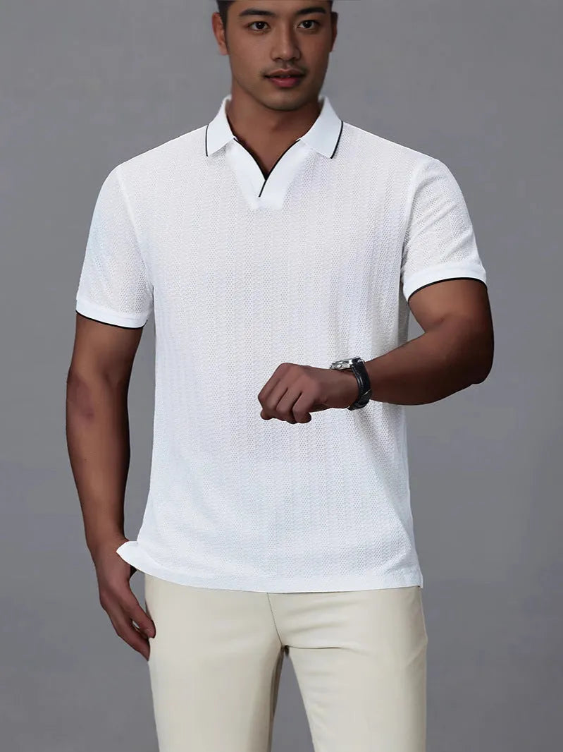 Men's loose fit short sleeve ice silk nylon polo shirt in black on a hanger