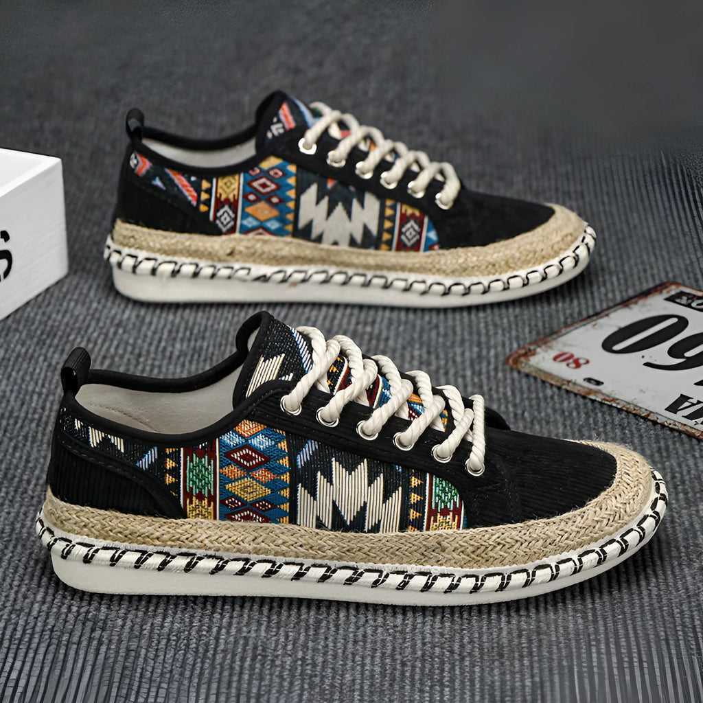 Men's casual summer shoes in cloth with round toe, shown in beige and black colour options