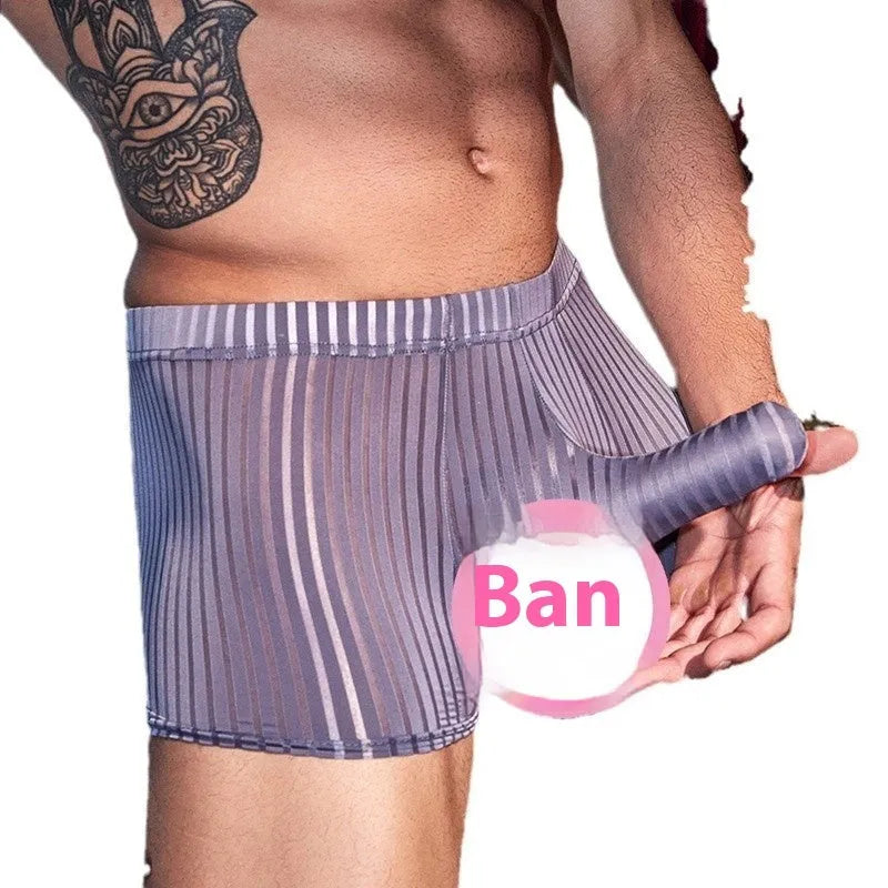 Men's black striped nylon boxer briefs laid flat, showing high-elastic fabric and design.