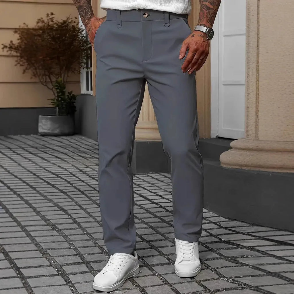 Men's straight leg business casual trousers in solid colours on a hanger.