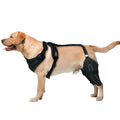 Black dog thigh protective sleeve with adjustable metal support and hook and loop fasteners