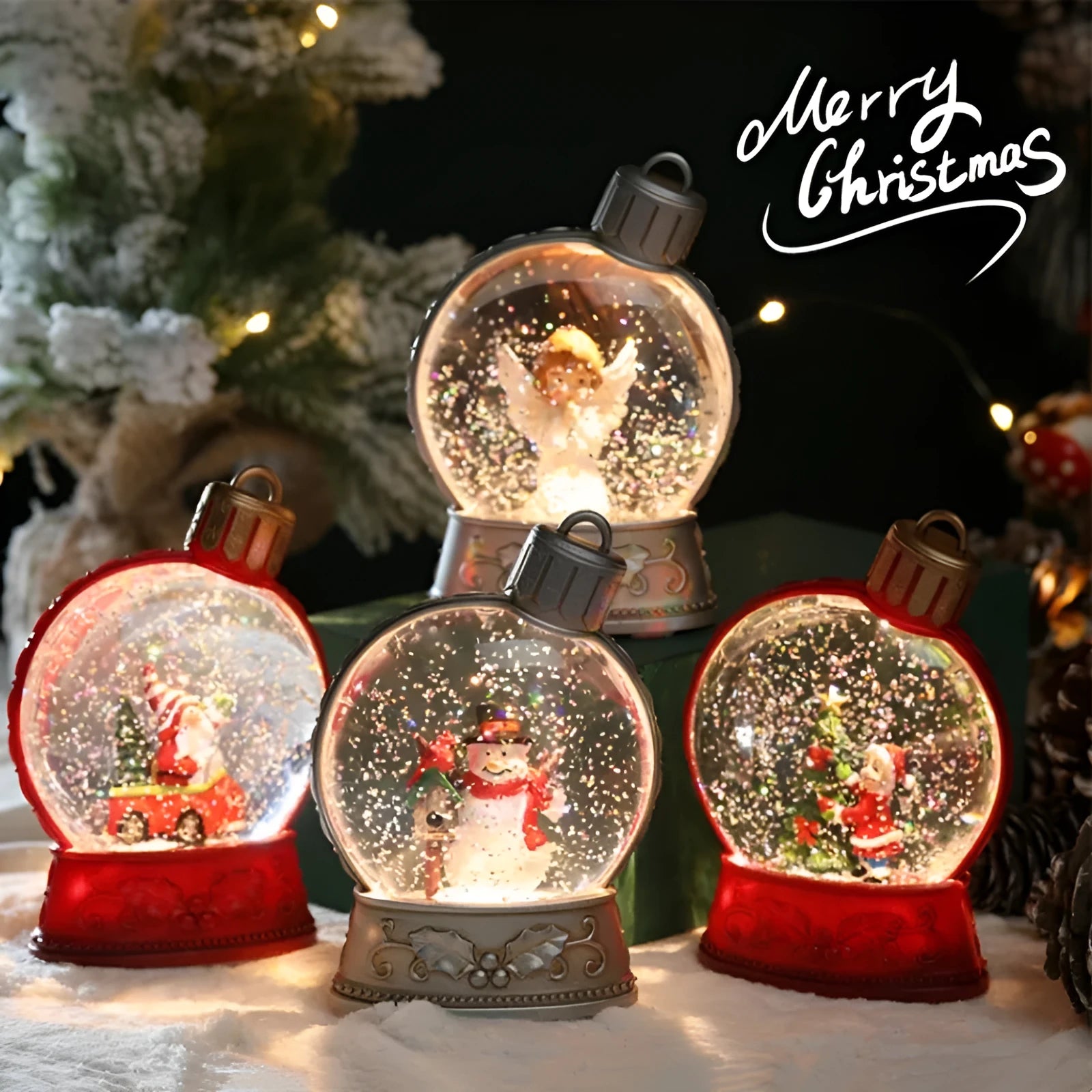 Battery-powered flat LED Christmas light decoration showing four plastic craft designs